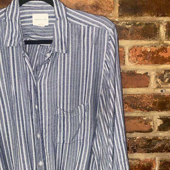 American Eagle Blue White Striped Tie Waist Long Sleeve Button Up Top Medium - Picture 2 of 6